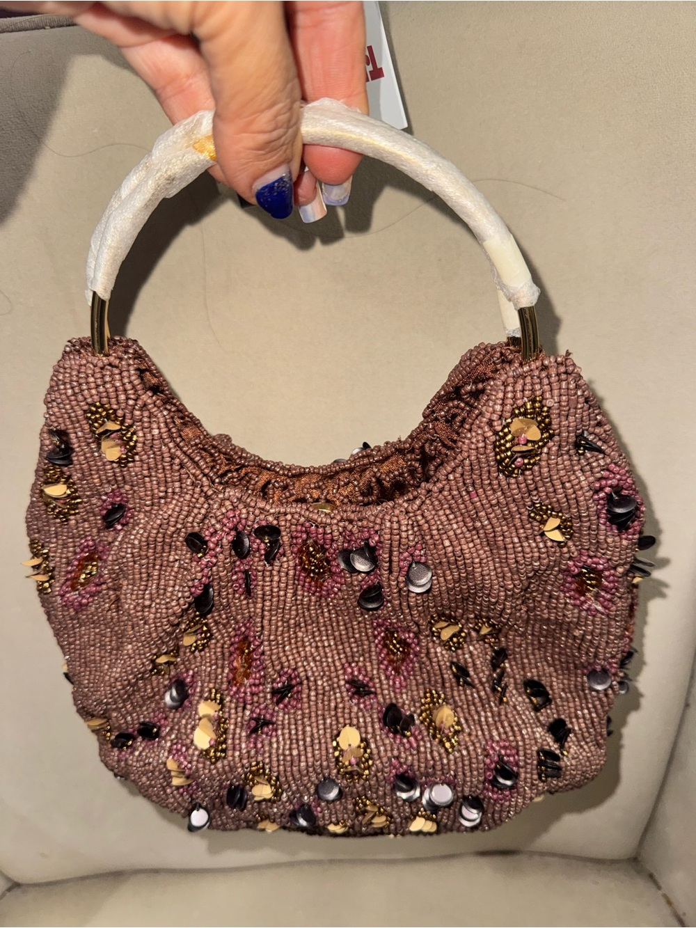 Beaded Brown Evening Handbag with Gold Accents